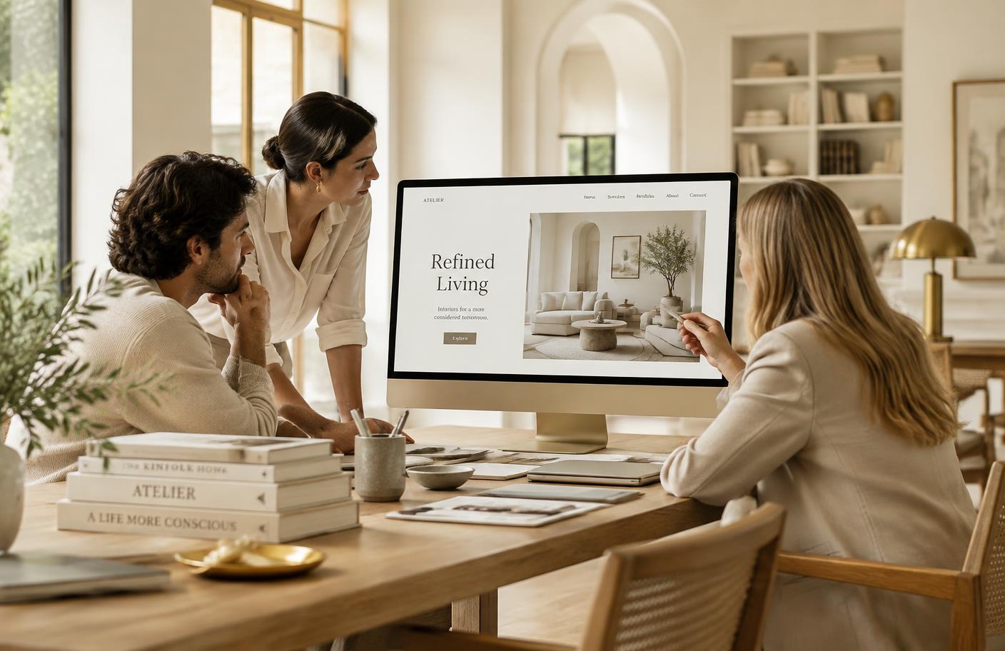 Design team reviewing an interface in a bright studio